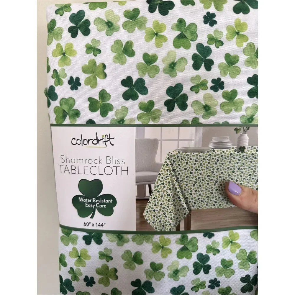 Colordrift St Patrick’s Day Green White 3 Leaf Clover Tablecloth 60”x 104”